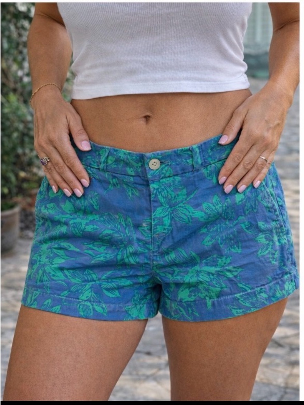 J.Crew Floral Print Stretch Shorts Blue Green Size 6 Summer Casual